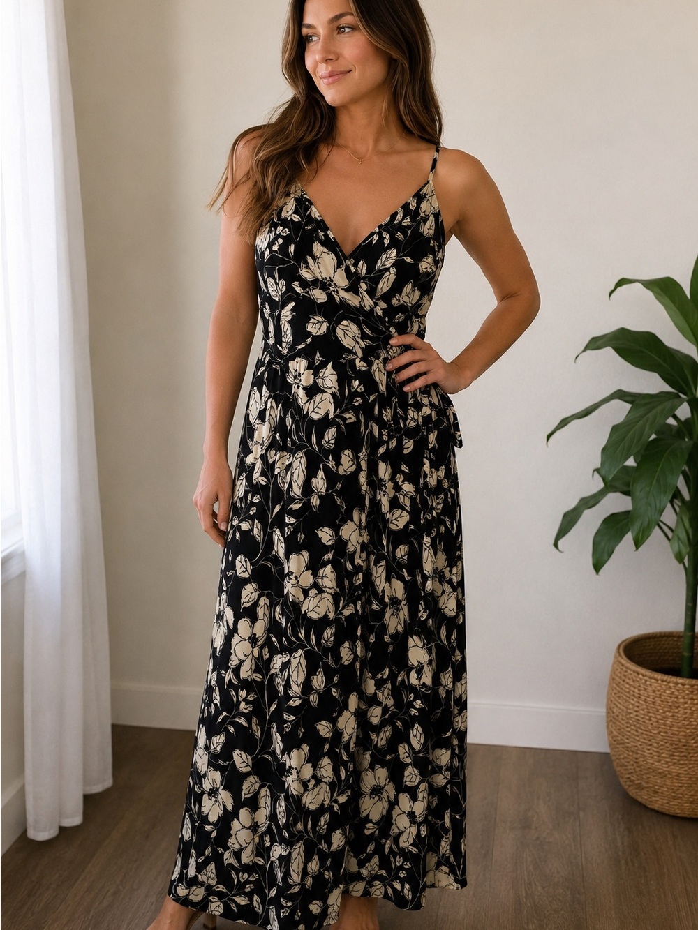 Gilli Black Floral‎ Maxi Dress M Boho Tie Waist